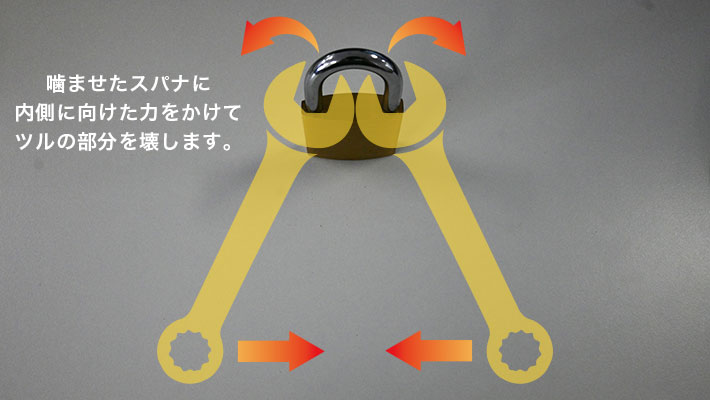 スパナで南京錠を壊す